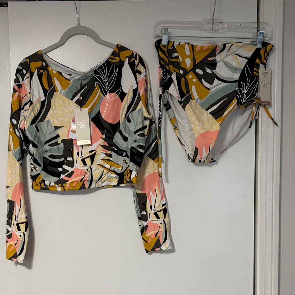 Calia Tropical Print Long Sleeve Crop rash guard + high waisted bikini bottom